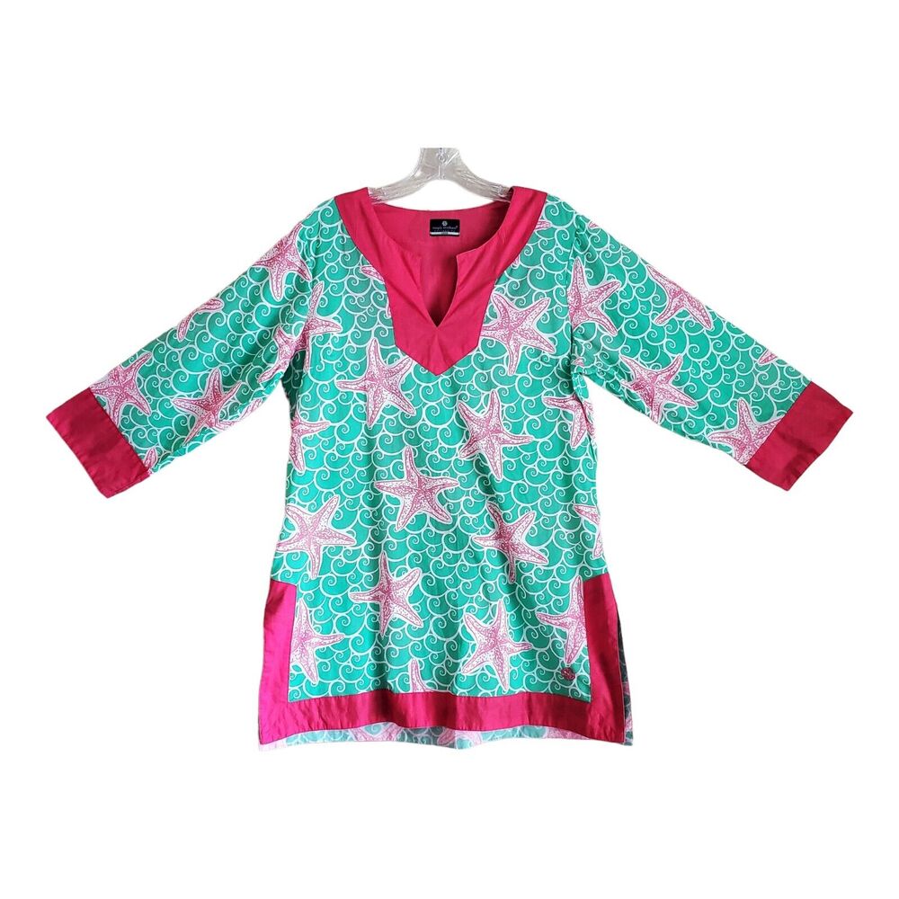 SIMPLY SOUTHERN Women's L Tunic Top Cover Up Starfish Pink Green 3/4 Sleeve 40"